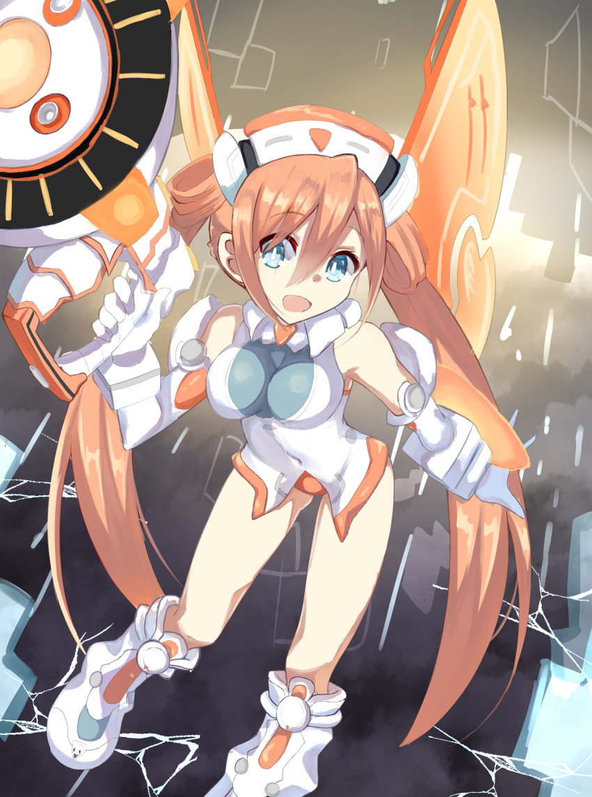 1girl :d bare_legs bare_shoulders blue_eyes breasts covered_navel double_bun elbow_gloves full_body gloves hair_between_eyes hand_up happy hat highres holding holding_megaphone holding_weapon leaning_forward leotard long_hair looking_at_viewer medium_breasts neptune_(series) open_mouth orange_hair orange_heart outstretched_arm power_symbol shield shimeji_wyvern shin_jigen_game_neptune_vii skin_tight smile solo symbol-shaped_pupils twintails very_long_hair weapon white_gloves white_leotard wings