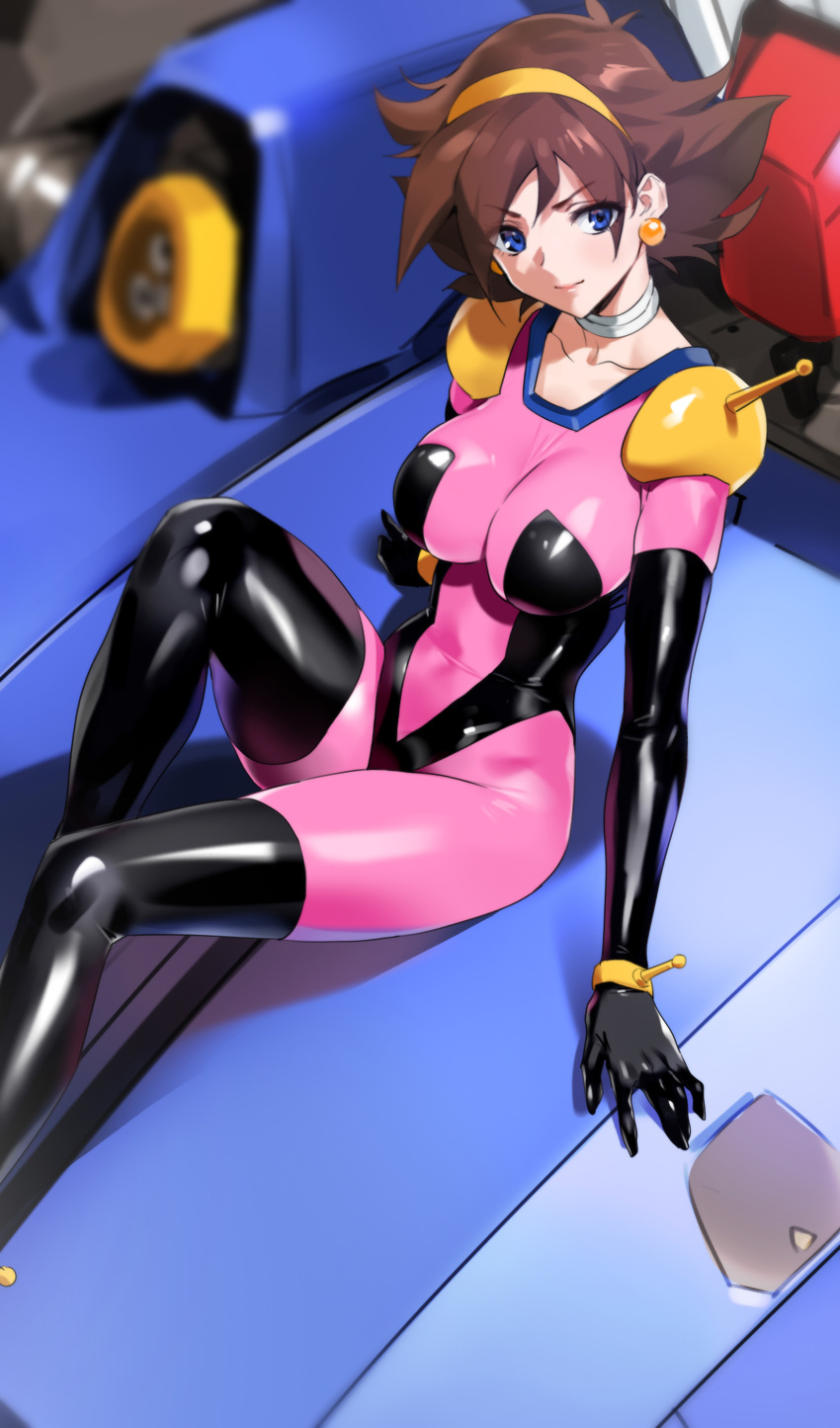 1girl absurdres bangs blue_eyes bodysuit breasts brown_hair closed_mouth collar collarbone commentary_request earrings eyebrows_visible_through_hair g_gundam gloves gundam hair_between_eyes hairband highres jewelry lips medium_breasts mobile_trace_suit rain_mikamura shadow shiny shiny_hair shiny_skin short_hair shoulder_pads simple_background sitting skin_tight solo yang-do yellow_hairband