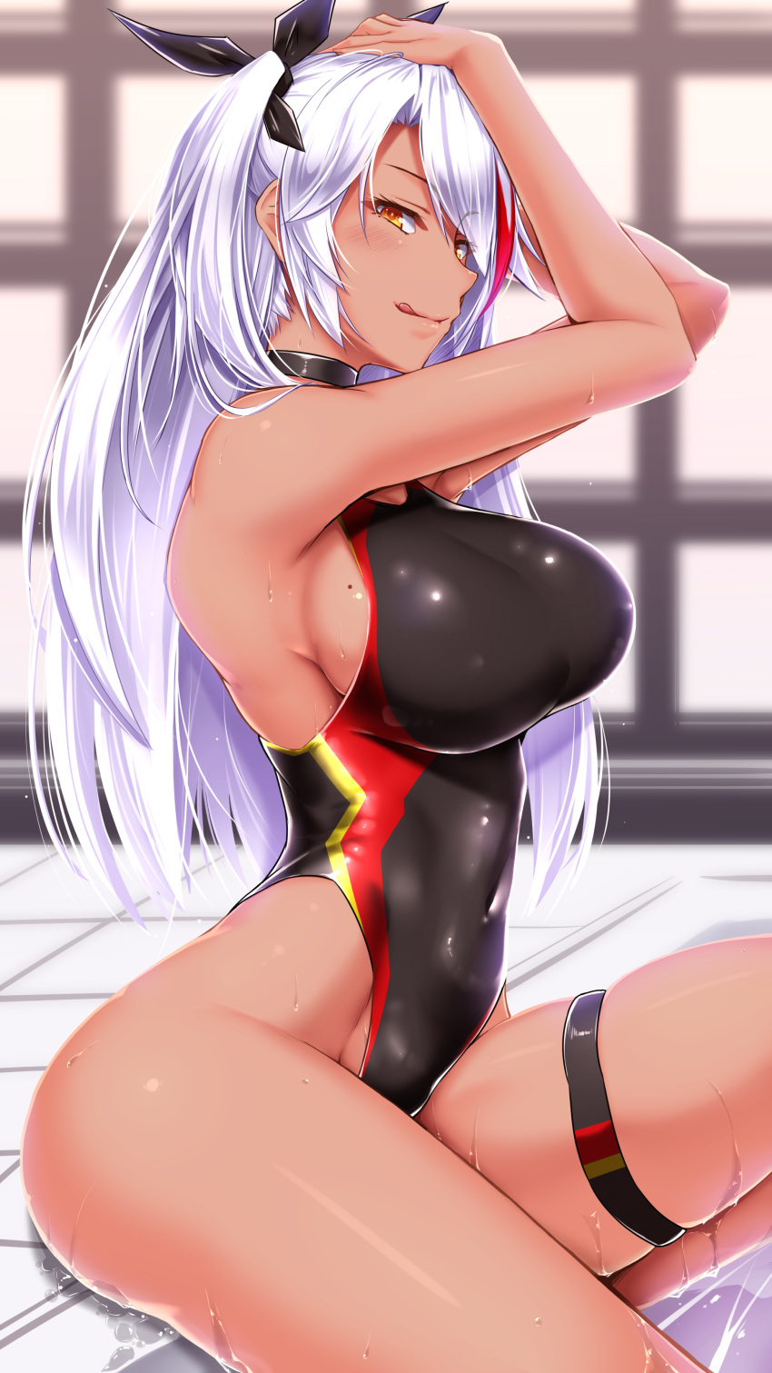 1girl :q absurdres antenna_hair azur_lane bangs bare_shoulders black_choker black_ribbon blush breasts brown_eyes choker closed_mouth competition_swimsuit covered_navel dark_skin eyebrows_visible_through_hair eyelashes fanbox_reward fingernails hair_between_eyes half-closed_eyes hand_on_head hand_on_own_head hands_on_head highleg highleg_swimsuit highres indoors large_breasts licking_lips long_hair looking_at_viewer mole mole_on_breast multicolored_hair one-piece_swimsuit paid_reward poolside prinz_eugen_(azur_lane) redhead ribbon shiny_swimsuit shuugetsu_karasu sidelocks silver_hair sitting skindentation smile solo streaked_hair swimsuit tan thigh_strap thighs tongue tongue_out two_side_up very_long_hair