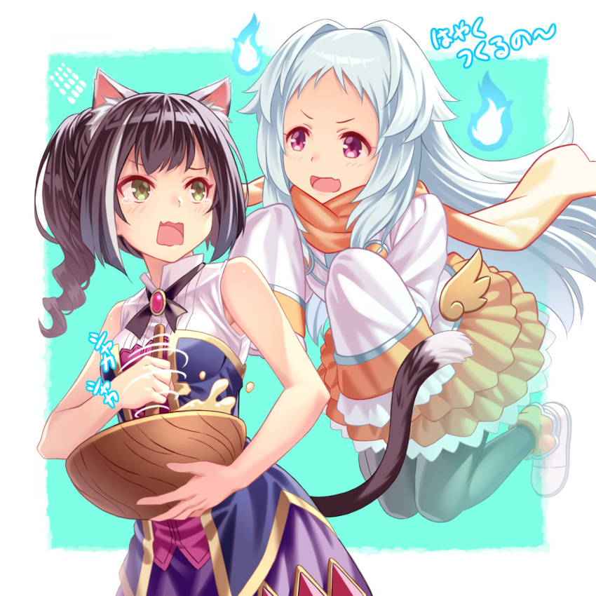 animal_ear_fluff animal_ears bangs bare_shoulders black_hair black_legwear blush breasts brown_scarf brown_skirt cat_ears cat_girl cat_tail commentary_request dress eyebrows_visible_through_hair fang food gem green_background green_eyes highres holding karyl_(princess_connect!) long_hair long_sleeves medium_breasts miyako_(princess_connect!) multicolored_hair open_mouth pantyhose porikeracchou princess_connect! princess_connect!_re:dive pudding red_eyes scarf shoes simple_background skin_fang skirt sleeveless sleeveless_dress sleeves_past_fingers sleeves_past_wrists smile streaked_hair tail translation_request two_side_up very_long_hair white_background white_footwear white_hair