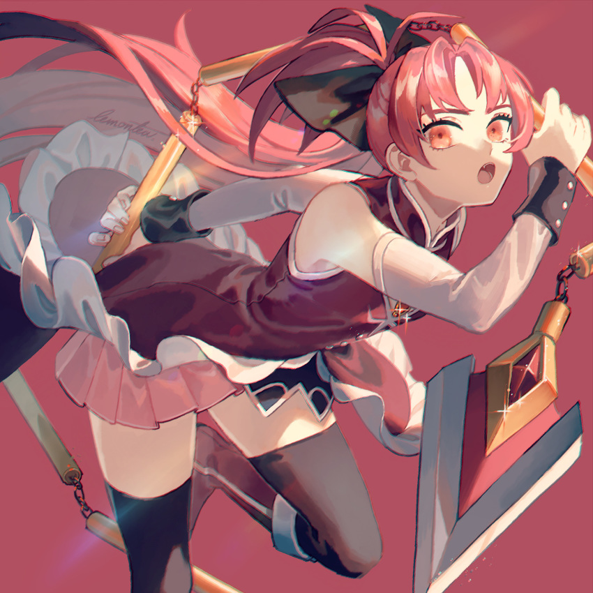 1girl black_legwear boots detached_sleeves highres knee_boots lemontea long_hair looking_at_viewer magical_girl mahou_shoujo_madoka_magica open_mouth polearm ponytail red_eyes red_footwear redhead sakura_kyouko solo spear thigh-highs weapon