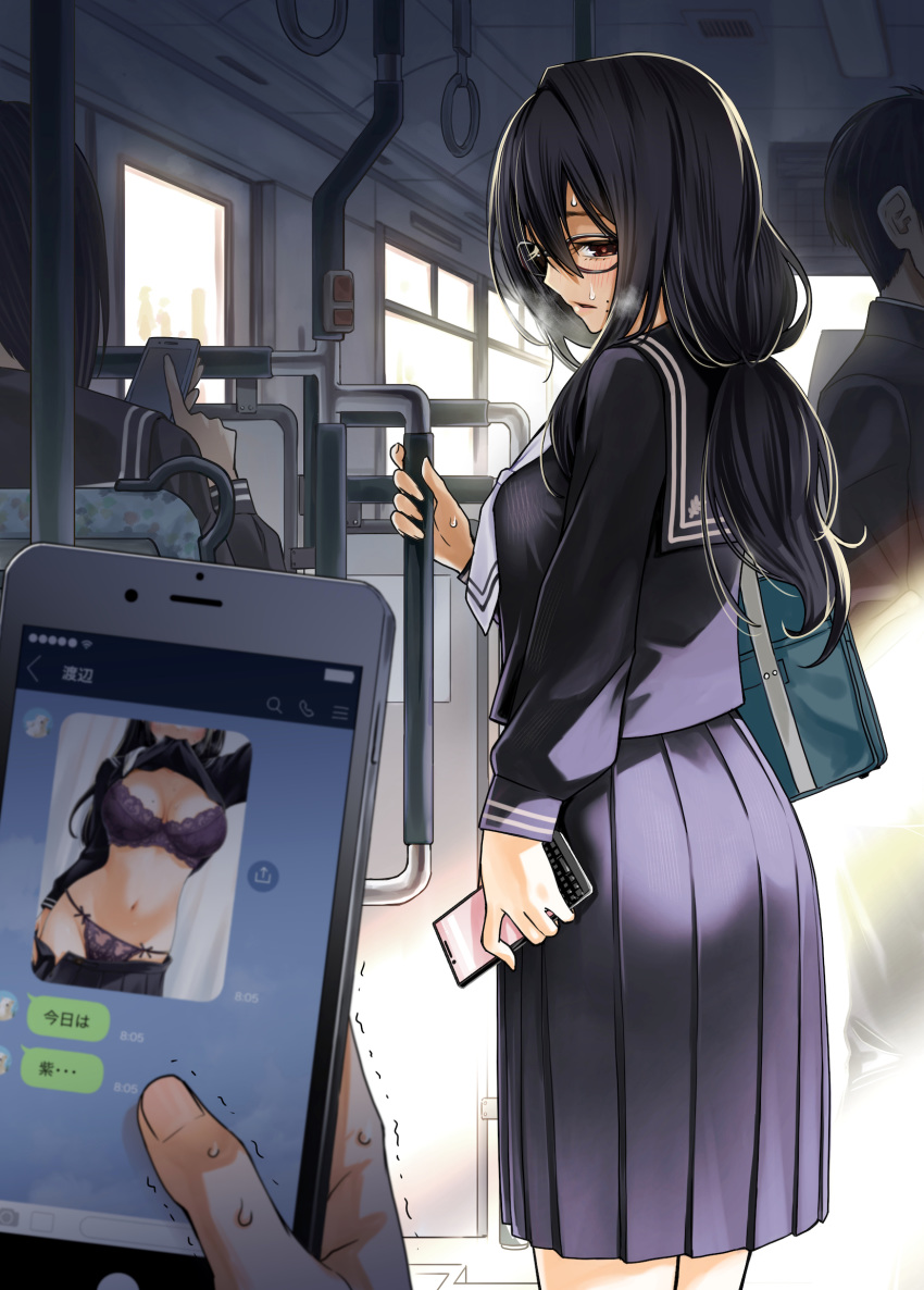 2boys 2girls bag bangs black_hair black_skirt blush bra breasts brown_eyes bus chat_log commentary_request curtains dojirou glasses ground_vehicle hair_between_eyes highres lace lace_bra lace_panties line_(naver) long_hair long_skirt looking_at_viewer low_tied_hair mole mole_on_breast motor_vehicle multiple_boys multiple_girls navel original panties phone_screen pleated_skirt pov purple_bra purple_panties school_bag school_uniform seat self_shot serafuku shaking shirt_in_mouth shirt_lift skirt skirt_removed standing stomach sweatdrop text_messaging thighs timestamp translated underwear