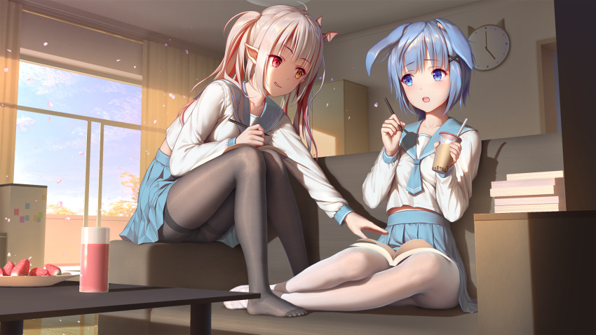 2girls animal_ears bangs black_legwear blue_eyes blue_hair blue_skirt book breasts clock commentary_request copyright_request couch eyebrows_visible_through_hair food fruit hair_ornament highres indoors long_sleeves medium_breasts multiple_girls on_couch open_mouth orange_eyes original pantyhose pink_ribbon pleated_skirt pointy_ears rabbit_ears red_eyes ribbon school_uniform serafuku sitting skirt strawberry tokinohimitsu white_legwear window x_hair_ornament