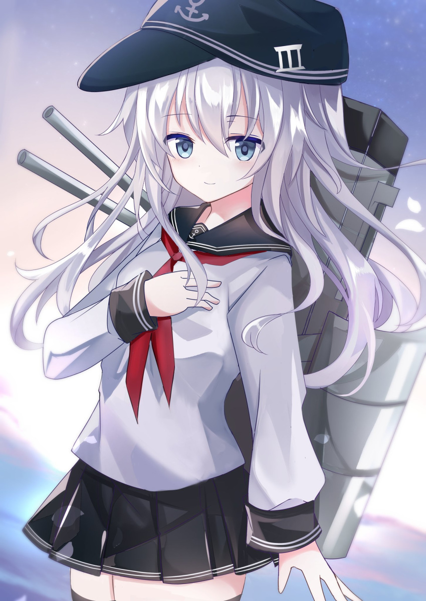 1girl anchor_symbol black_headwear black_legwear black_sailor_collar black_skirt blue_eyes cannon cowboy_shot fathom flat_cap gradient_sky hat hibiki_(kantai_collection) highres kantai_collection long_hair looking_at_viewer machinery pleated_skirt sailor_collar school_uniform serafuku silver_hair skirt sky solo standing sun thigh-highs