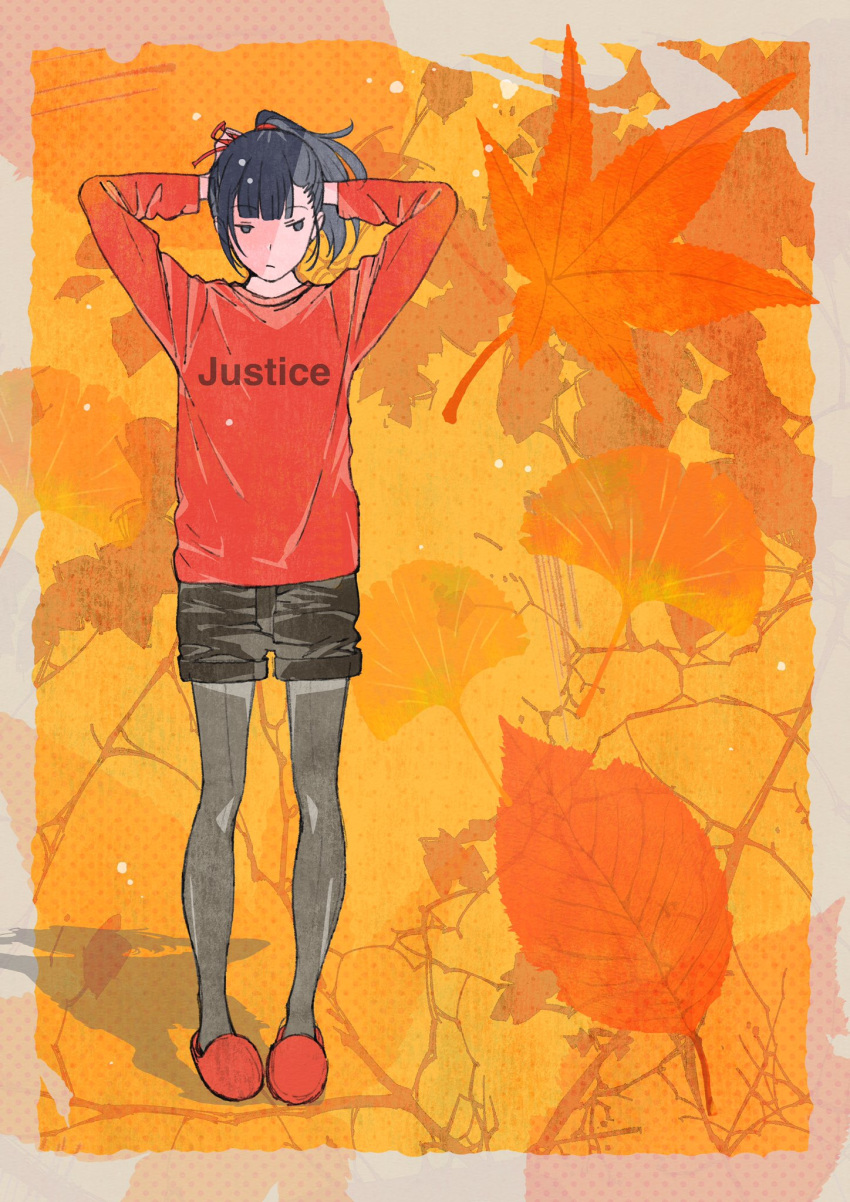 1girl adjusting_hair autumn autumn_leaves bangs black_eyes black_hair black_shorts blunt_bangs dithered_background dithering english_text flat_chest full_body ginkgo_leaf grey_legwear hair_ornament hair_scrunchie highres leaf looking_to_the_side maple_leaf orange_theme original pantyhose ponytail red_footwear red_shirt scrunchie shadow shirt shorts slippers solo standing sw.31