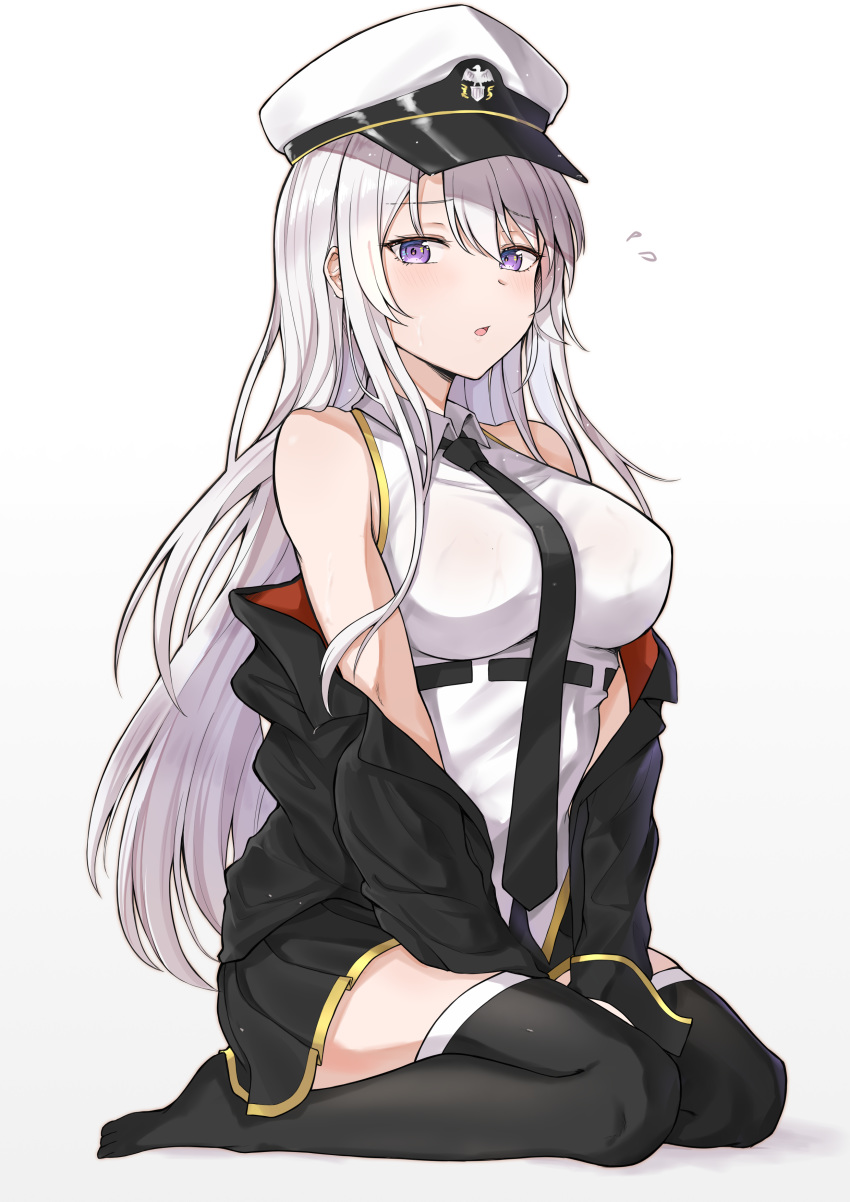 1girl absurdres azur_lane bare_shoulders belt black_belt black_coat black_neckwear blush coat enterprise_(azur_lane) hat highres looking_at_viewer mango_(mgo) military_hat open_clothes open_coat peaked_cap shirt skirt sleeveless sleeveless_shirt solo thigh-highs underbust violet_eyes white_hair white_headwear