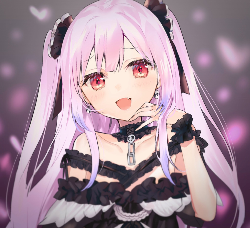 1girl :d black_background black_dress blurry blurry_background blush breasts bug butterfly chain collarbone commentary depth_of_field detached_collar dress earrings eyebrows_visible_through_hair eyelashes fang frilled_dress frills hair_ribbon highres hololive insect jewelry long_hair looking_at_viewer nanakagura off-shoulder_dress off_shoulder open_mouth pink_hair red_eyes ribbon simple_background skull skull_earrings small_breasts smile solo straight_hair twintails upper_body uruha_rushia virtual_youtuber wrist_cuffs