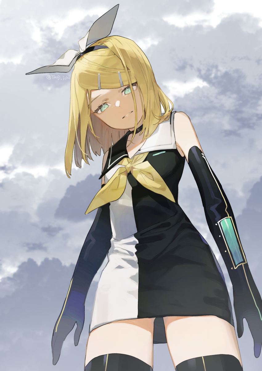 1girl absurdres aqua_eyes bare_shoulders black_dress black_gloves blonde_hair bow clouds cloudy_sky collared_dress dot_pupils dress elbow_gloves from_below gloves hair_bow highres kagamine_rin light_smile looking_down neckerchief parted_lips roshin_yuukai_(vocaloid) sky solo standing two-tone_dress vocaloid white_bow white_dress yamada_ichi yellow_neckwear