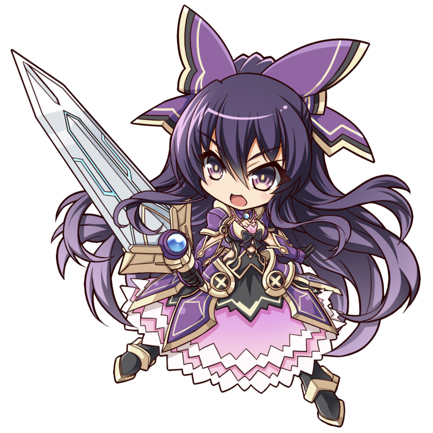 1girl chibi date_a_live highres holding holding_sword holding_weapon kubotami looking_to_the_side open_hand purple_hair solo spirit sword v-shaped_eyebrows violet_eyes weapon white_background yatogami_tooka