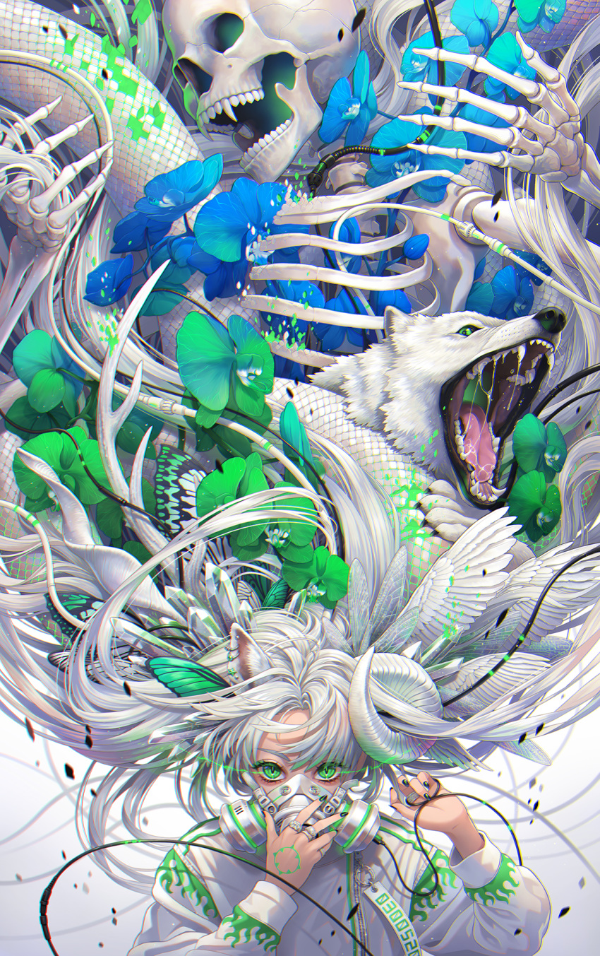 1girl animal_ears butterfly_wings cable commentary_request crystal fangs feathered_wings fingernails flower gas_mask green_eyes highres horns insect_wings jacket jewelry long_hair looking_at_viewer mask minami_(minami373916) original ribs ring scales sharp_fingernails skeleton snake very_long_hair white_hair wings wolf
