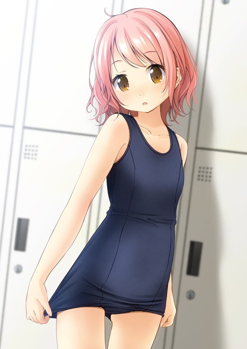 1girl blue_swimsuit blurry brown_eyes changing_room collarbone commentary_request cowboy_shot depth_of_field flat_chest highres locker old_school_swimsuit original pink_hair school_swimsuit shibacha short_hair solo standing swimsuit swimsuit_pull wavy_hair