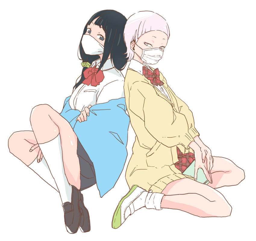 2girls accessory_connection back-to-back black_hair blue_eyes book cardigan chiwa_(fcwv5738) crossover eyebrows grey_eyes hassu highres legs loafers long_hair low_tied_hair mask mask_senpai mouth_mask multiple_girls necktie otome_no_teikoku red_neckwear school_uniform scrunchie shirt shoes short_hair silver_hair sitting socks ssss.gridman surgical_mask towel white_legwear white_shirt