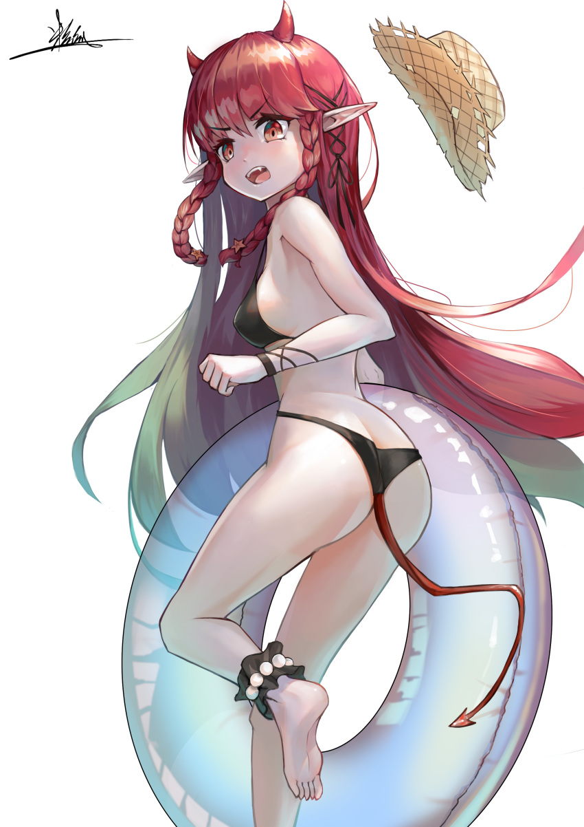 1girl absurdres ankle_cuffs arknights ass bangs bare_arms bare_legs bare_shoulders barefoot bikini black_bikini braid breasts eyebrows_visible_through_hair fang feet_out_of_frame hat hat_removed headwear_removed highres hongshao_tang_gua horns innertube long_hair looking_at_viewer open_mouth pointy_ears red_eyes redhead signature simple_background small_breasts solo standing standing_on_one_leg sun_hat swimsuit tail thighs twin_braids v-shaped_eyebrows very_long_hair vigna_(arknights) white_background