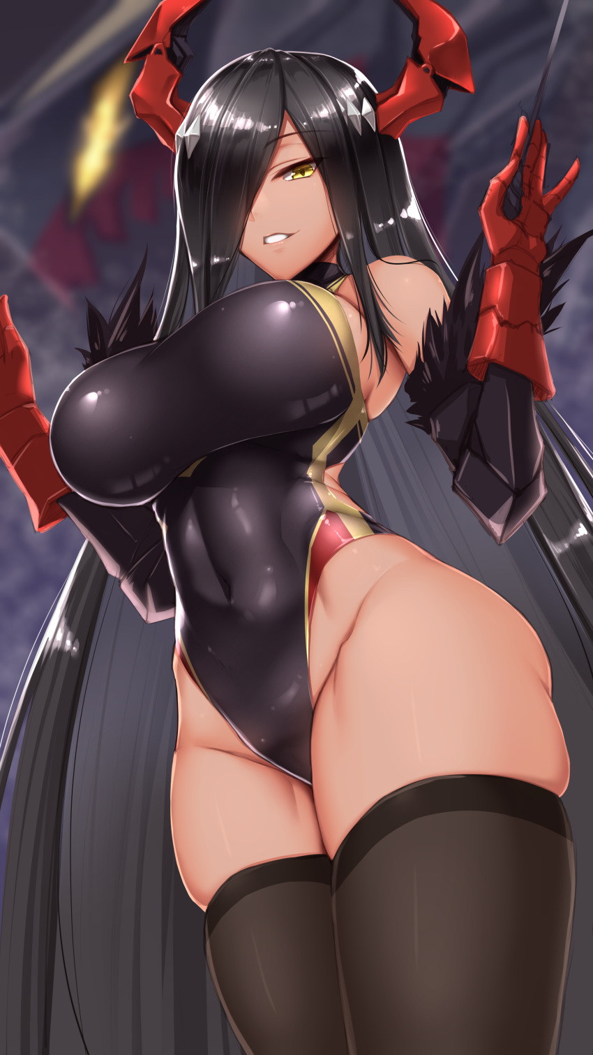 1girl :d absurdres azur_lane bangs bare_shoulders baton_(instrument) black_hair black_legwear black_swimsuit breasts cannon competition_swimsuit covered_navel cowboy_shot dark_skin eyebrows_visible_through_hair fanbox_reward friedrich_der_grosse_(azur_lane) fur-trimmed_gloves fur_trim gloves groin hair_over_one_eye hands_up highleg highleg_swimsuit highres holding horns impossible_clothes large_breasts legs_together long_hair looking_at_viewer mechanical_horns one-piece_swimsuit open_mouth paid_reward parted_lips red_gloves red_horns rigging shiny_swimsuit shuugetsu_karasu sidelocks skindentation smile solo standing swimsuit tan teeth thigh-highs very_long_hair world_of_warships yellow_eyes