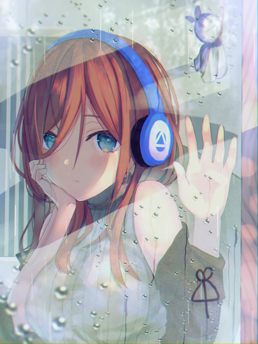 1girl blue_eyes blush breasts brown_hair closed_mouth commentary_request go-toubun_no_hanayome hair_between_eyes hand_on_own_cheek hand_on_window headphones highres indoors large_breasts long_hair looking_outside nakano_miku off_shoulder rain ribbed_shirt shirt sleeveless sleeveless_shirt slime07 turtleneck water_drop window
