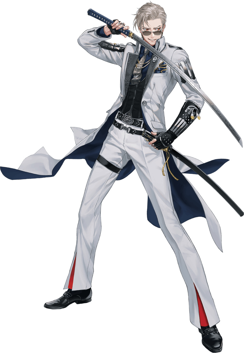 1boy armor belt black_gloves blonde_hair collared_shirt earrings fingerless_gloves full_body gloves grin highres jacket japanese_armor jewelry katana kote male_focus necktie official_art pants red_eyes sanchoumou sheath shirt smile stud_earrings suda_ayaka sunglasses sword touken_ranbu transparent_background weapon white_pants