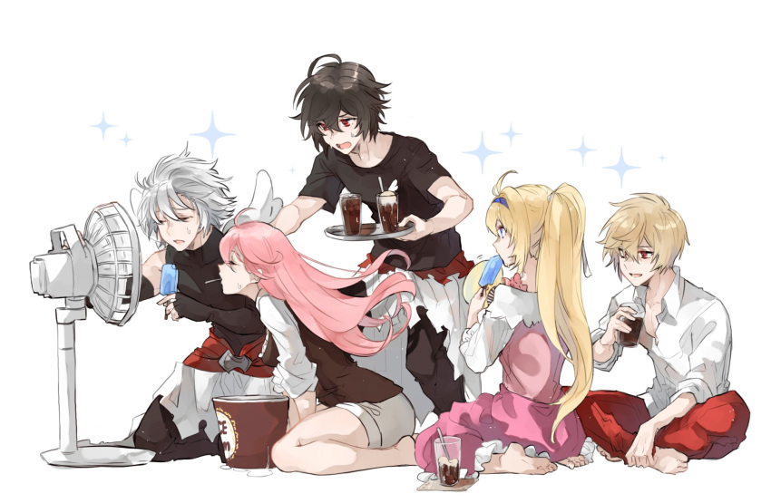 2girls 3boys ahoge albert_(shingeki_no_bahamut) amira_(shingeki_no_bahamut) blonde_hair brown_hair bucket crossed_legs cup drinking_glass electric_fan food granblue_fantasy highres hot iced_coffee jeanne_d'arc_(granblue_fantasy) lucio_(granblue_fantasy) multiple_boys multiple_girls pink_hair ponytail popsicle sandalphon_(granblue_fantasy) sitting sweat tray wariza white_background white_hair yakota_(usuk-yako)