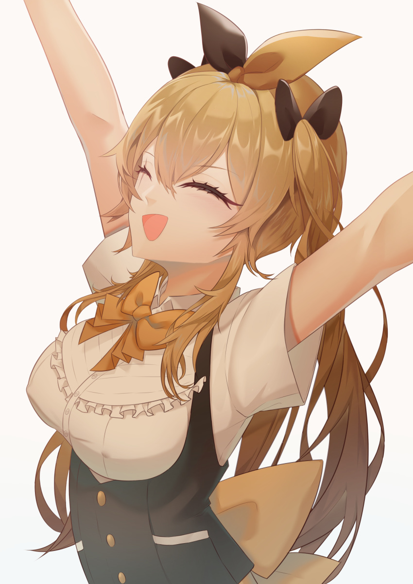 1girl absurdres arms_up bangs black_jacket black_ribbon bow bowtie breasts brown_hair clip_studio_paint_(medium) closed_eyes commentary crossed_bangs english_commentary eyebrows_visible_through_hair frilled_shirt frills girls_frontline hair_ribbon happy head_tilt highres jacket large_breasts large_ribbon long_hair lying on_back open_mouth photoshop_(medium) pocket ribbon scar scar_across_eye shirt short_sleeves simple_background sleeveless_blazer smile solo tjrwnsleo twintails two-tone_ribbon ump9_(girls_frontline) upper_body white_background white_shirt yellow_neckwear yellow_ribbon
