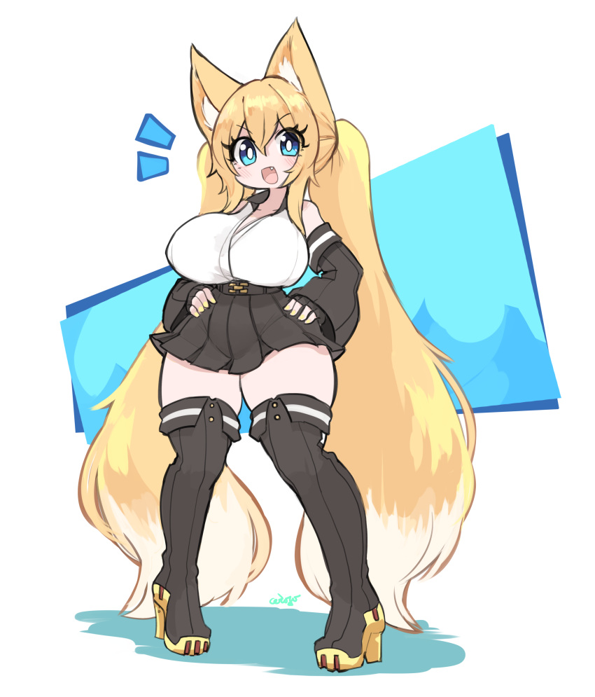 absurdres alice_(flanaki) animal_ears bare_shoulders belt blonde_hair boots breasts ceroblitz commission commissioner_upload detached_sleeves eyebrows_visible_through_hair fingerless_gloves fox_ears fox_girl gloves gradient_hair high_heel_boots high_heels highres large_breasts long_hair multicolored_hair original skirt thick_thighs thighs twintails very_long_hair white_hair