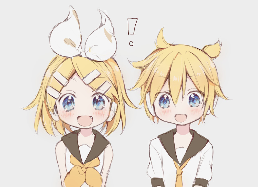 ! 1boy 1girl arms_behind_back bangs beige_background black_collar blonde_hair blue_eyes bow brother_and_sister collar commentary fang hair_bow hair_ornament hairclip headphones highres hitode kagamine_len kagamine_rin neckerchief necktie open_mouth sailor_collar school_uniform shirt short_hair short_ponytail short_sleeves siblings smile spiky_hair swept_bangs twins upper_body vocaloid white_bow white_shirt yellow_neckwear
