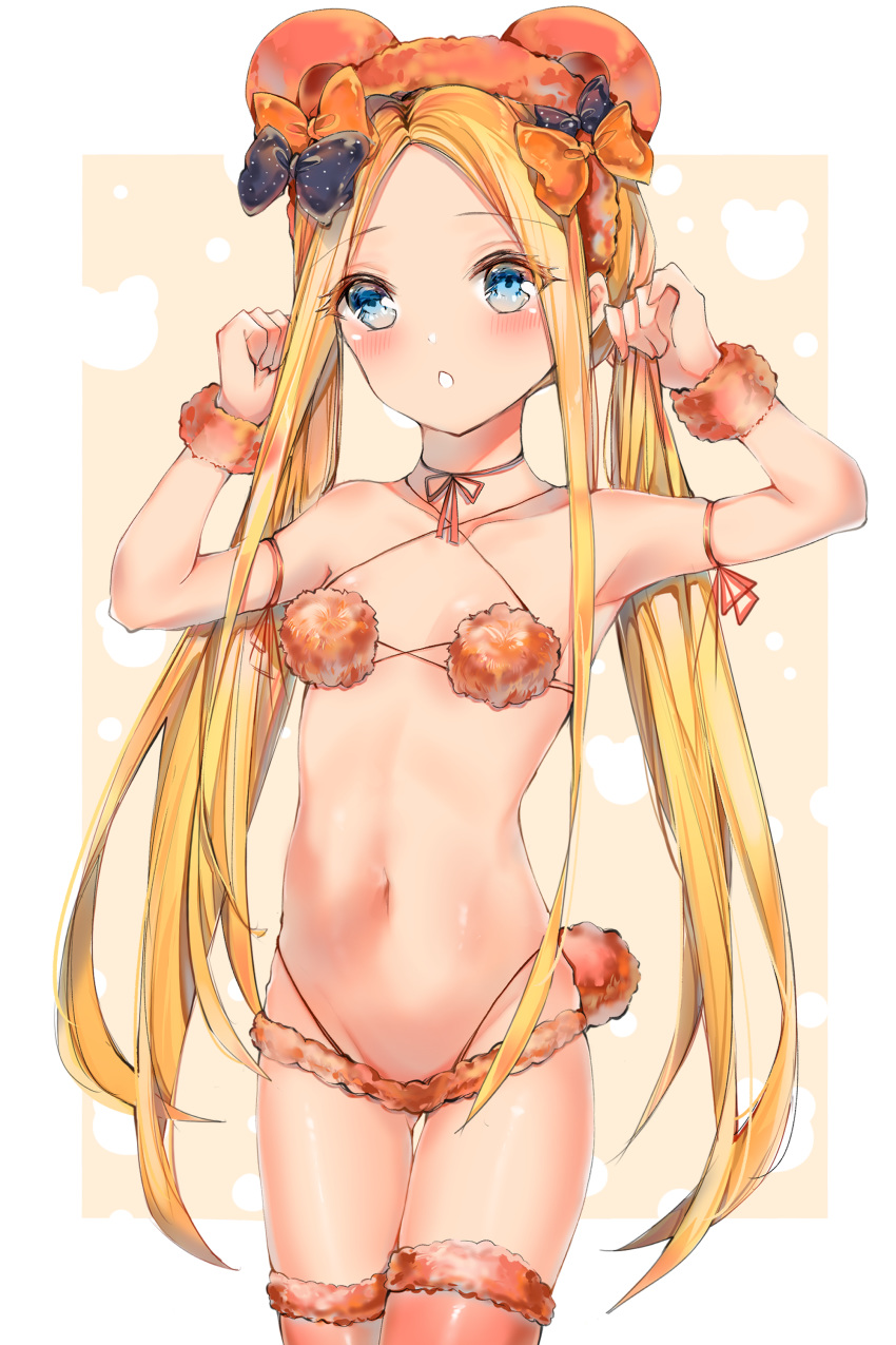 1girl abigail_williams_(fate/grand_order) absurdres bangs bare_shoulders black_bow blonde_hair blue_eyes blush bow breasts fate/grand_order fate_(series) forehead highres long_hair looking_at_viewer multiple_bows navel open_mouth orange_bow parted_bangs small_breasts yukineko1018