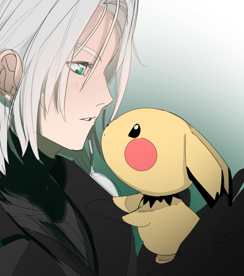 1boy :o aged_down animal black_coat black_gloves black_shirt chest_strap coat commentary_request crossover ddb_000 final_fantasy final_fantasy_vii final_fantasy_vii_ever_crisis gloves gradient_background green_eyes grey_hair highres holding holding_animal holding_pokemon korean_commentary looking_at_another looking_down male_focus medium_hair parted_lips pichu pokemon pokemon_(creature) sephiroth shirt super_smash_bros. turtleneck_shirt upper_body