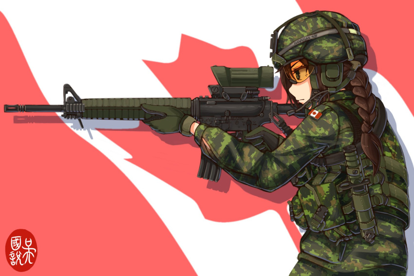 1girl aiming assault_rifle braid braided_ponytail brown_hair camouflage canadian_flag from_side glasses gloves gun hair_between_eyes headphones helmet highres holding holding_gun holding_weapon knife medium_hair military military_uniform ndtwofives original rifle safety_glasses sheath sheathed solo standing tagme uniform weapon