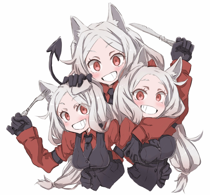 3girls :d animal_ear_fluff animal_ears arm_garter black_gloves black_neckwear black_tail blush breast_grab breasts cerberus_(helltaker) collared_shirt commentary_request demon_girl demon_tail dog_ears dog_girl eyebrows_visible_through_hair fang fork gloves grabbing grin hand_on_another's_head hand_on_breast helltaker highres knife long_hair looking_at_viewer low-tied_long_hair medium_breasts multiple_girls necktie neckwear nwon'yo_pasun open_mouth red_eyes red_shirt shirt siblings simple_background sisters small_breasts smile tail triplets upper_body waistcoat white_background white_hair