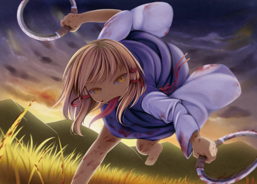 1girl arms_up barefoot blonde_hair blood blood_on_face blood_on_leg bloody_clothes bloody_hands bloody_weapon clouds commentary_request gradient_sky grass hair_ribbon holding holding_weapon hoop leaning_forward long_tongue looking_at_viewer moriya's_iron_rings moriya_suwako mountainous_horizon no_headwear outdoors ribbon short_hair sidelocks sky slit_pupils solo standing standing_on_one_leg tomo_takino tongue tongue_out touhou twilight weapon yellow_eyes