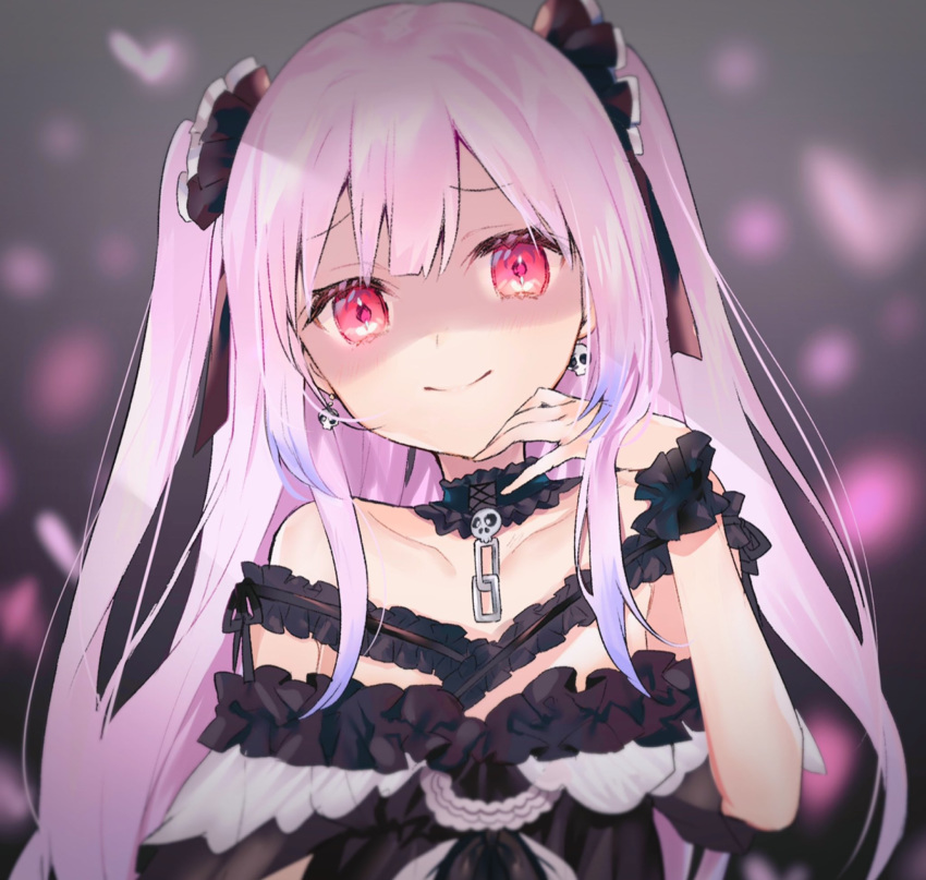 1girl black_background black_dress blurry blurry_background blush breasts bug butterfly chain closed_mouth collarbone commentary depth_of_field detached_collar dress earrings eyebrows_visible_through_hair eyelashes frilled_dress frills hair_ribbon highres hololive insect jewelry long_hair looking_at_viewer nanakagura off-shoulder_dress off_shoulder pink_hair red_eyes ribbon shaded_face simple_background skull skull_earrings small_breasts smile solo straight_hair twintails upper_body uruha_rushia virtual_youtuber wrist_cuffs