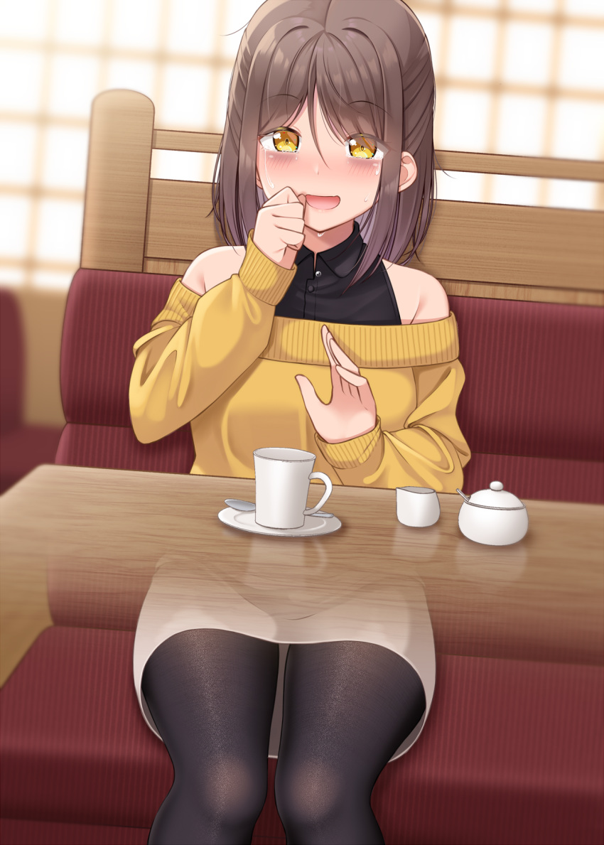 1girl :d bare_shoulders black_legwear black_shirt blurry blurry_background blush brown_eyes brown_hair brown_skirt collared_shirt commentary_request couch crying crying_with_eyes_open cup depth_of_field dress_shirt gurande_(g-size) hand_up highres indoors long_sleeves looking_at_viewer mug off-shoulder_sweater off_shoulder on_couch open_mouth original pantyhose saucer shirt sitting skirt sleeveless sleeveless_shirt sleeves_past_wrists smile solo spoon sweater tears x-ray yellow_sweater