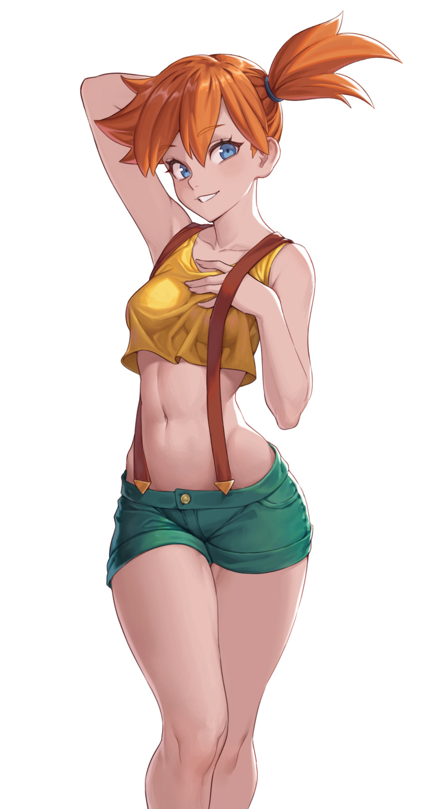 1girl absurdres arm_up bangs blue_eyes breasts cheshirrr collarbone commentary crop_top eyebrows_visible_through_hair eyelashes green_shorts hair_between_eyes hair_tie highres kasumi_(pokemon) knees looking_at_viewer midriff navel orange_hair pokemon pokemon_(anime) pokemon_(classic_anime) short_hair shorts side_ponytail simple_background smile solo suspenders tank_top teeth tied_hair white_background yellow_tank_top