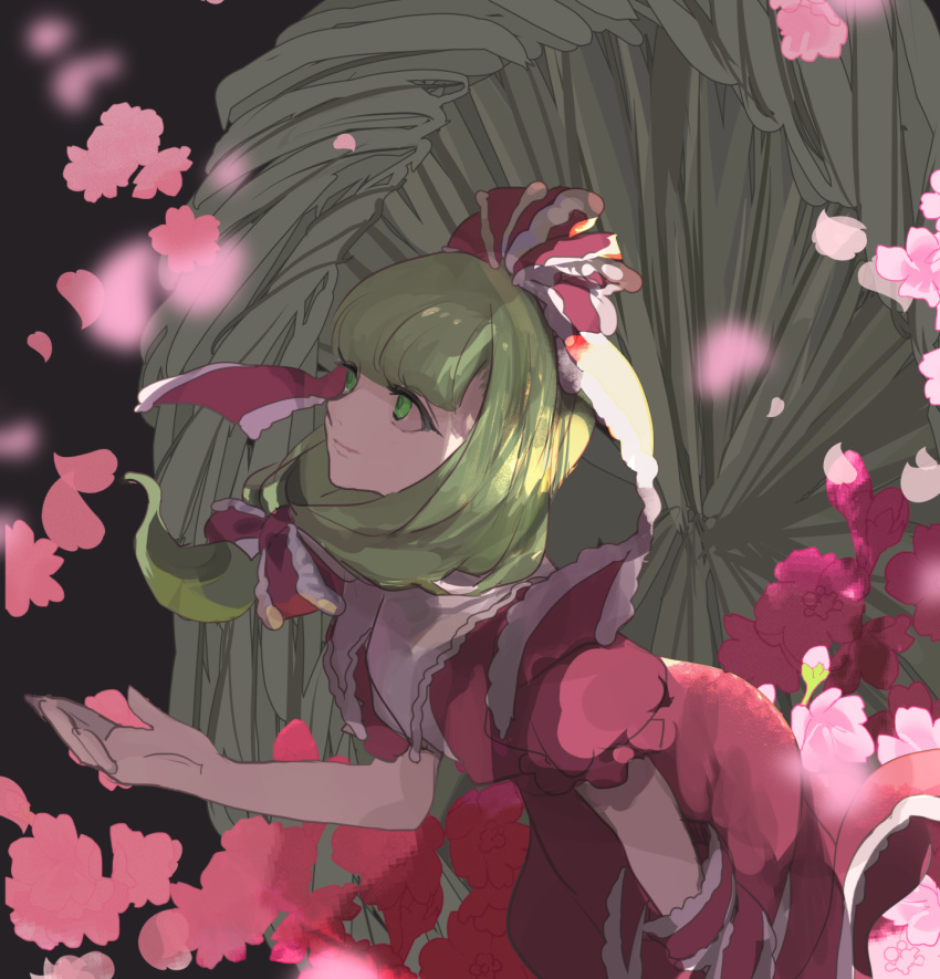 1girl bangs blunt_bangs blurry cherry_blossoms depth_of_field dress flower from_side green_eyes green_hair hair_ribbon highres joniko1110 kagiyama_hina looking_up outstretched_arm outstretched_hand puffy_short_sleeves puffy_sleeves ribbon short_sleeves solo tied_hair touhou