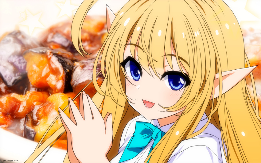 1girl ahoge artist_name bangs blonde_hair blue_eyes blue_neckwear blurry blurry_background bow bowtie clip_studio_paint_(medium) collared_shirt commentary_request dated elf eyebrows_visible_through_hair hair_between_eyes hands_together long_hair looking_at_viewer open_mouth original photoshop_(medium) pointy_ears shiny shiny_hair shirt sidelocks solo upper_body white_shirt yamaguchi_yuu