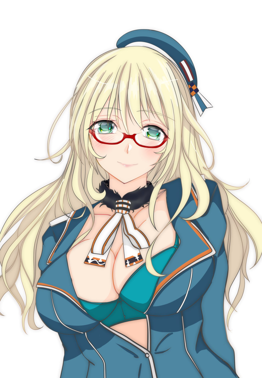 1girl ascot atago_(kantai_collection) beret bespectacled blonde_hair blue_bra blue_headwear bra breasts commentary_request glasses green_eyes hat highres kantai_collection large_breasts long_hair looking_at_viewer military military_uniform nitamago_(sakamalh) open_clothes red-framed_eyewear semi-rimless_eyewear simple_background smile solo under-rim_eyewear underwear uniform white_background white_neckwear