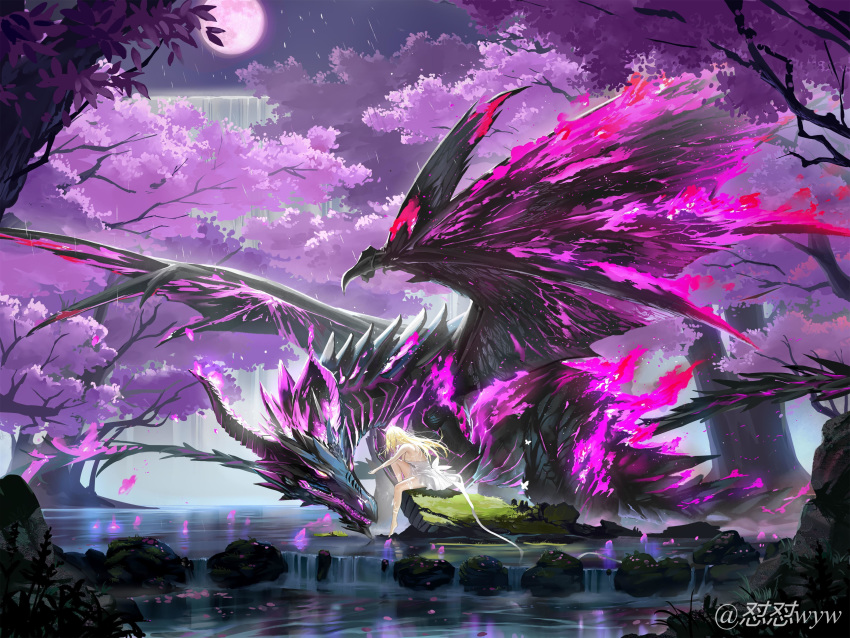 1girl absurdres barefoot blonde_hair bug butterfly dragon dragon_horns dragon_tail dragon_wings dress eclipse fantasy fire flower full_body_tattoo highres horns insect lake long_hair lunar_eclipse moon original petals rain reaching_out scales slit_pupils tail tameiki tattoo tree white_dress wings