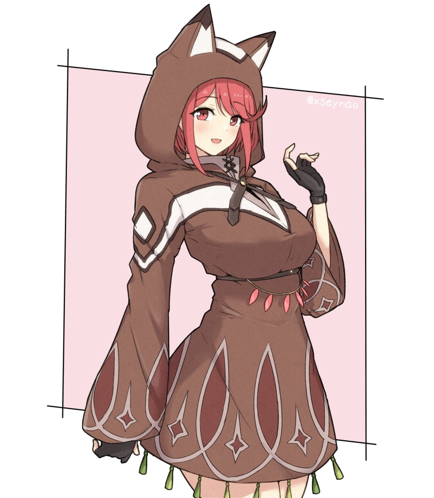 1girl animal_hood bangs black_gloves breasts brown_hoodie cowboy_shot fingerless_gloves gloves highres pyra_(xenoblade) hood large_breasts looking_at_viewer mochimochi_(xseynao) poncho red_eyes redhead smile solo swept_bangs xenoblade_(series) xenoblade_2