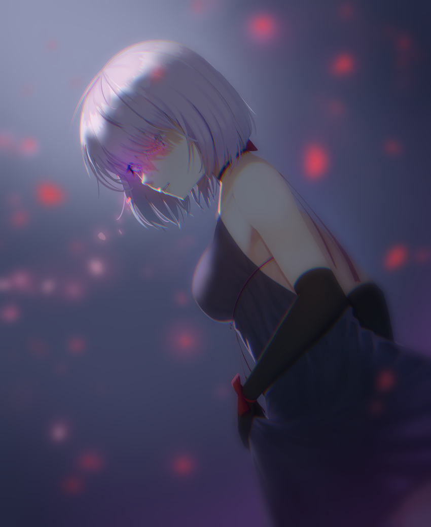 1girl bangs bare_shoulders black_choker black_gloves blurry blurry_background breasts choker commentary_request dress elbow_gloves fate/grand_order fate_(series) flower flower_over_eye from_side gloves hair_over_one_eye highres kngr418 large_breasts looking_at_viewer mash_kyrielight parted_lips purple_dress purple_hair short_hair sleeveless sleeveless_dress solo strapless strapless_dress white_flower