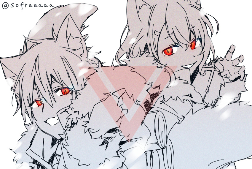 1boy 1girl animal_ear_fluff animal_ears bangs claw_pose commentary_request eyebrows_visible_through_hair fur-trimmed_jacket fur-trimmed_sleeves fur_trim grin hair_between_eyes highres jacket kemonomimi_mode kuzuha_(nijisanji) long_sleeves looking_at_viewer looking_back monochrome nijisanji parted_lips red_eyes sasaki_saku simple_background sleeves_past_wrists smile sofra tail twitter_username virtual_youtuber white_background