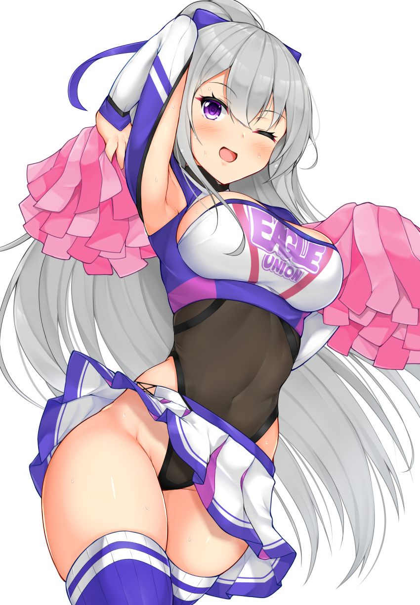 1girl ;d arm_up armpits azur_lane bangs blue_legwear blue_ribbon blush breasts casablanca_(azur_lane) cheerleader clothes_writing commentary_request covered_navel cowboy_shot eyebrows_visible_through_hair groin hair_between_eyes hair_ribbon highres holding holding_pom_poms large_breasts leotard long_hair long_sleeves looking_at_viewer miniskirt one_eye_closed open_mouth pleated_skirt pom_poms ribbon silver_hair simple_background skindentation skirt smile solo standing thighs tokoya_(ex-hetare) very_long_hair violet_eyes white_background white_skirt