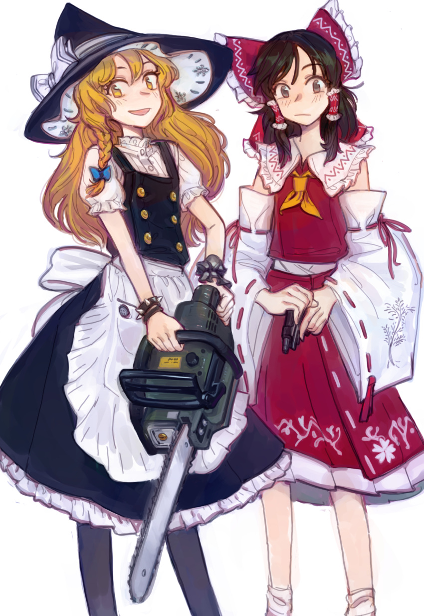 2girls apron black_dress blonde_hair blouse bow bracelet braid brown_eyes brown_hair buttons chainsaw closed_mouth collared_shirt detached_sleeves dress feet_out_of_frame frilled_bow frilled_shirt_collar frills gun hair_between_eyes hair_bow hair_tubes hakurei_reimu handgun hat hat_bow highres holding holding_chainsaw holding_gun holding_weapon jewelry kirisame_marisa long_hair medium_dress medium_hair medium_skirt multiple_girls nontraditional_miko open_mouth orange_neckwear pantyhose pistol puffy_short_sleeves puffy_sleeves red_shirt red_skirt ribbon-trimmed_sleeves ribbon_trim season_(artist) shirt short_sleeves side-by-side side_braid simple_background single_braid skirt skirt_set sleeveless sleeveless_shirt smile socks spiked_bracelet spikes standing touhou waist_apron weapon white_background white_bow wide_sleeves witch_hat yellow_eyes