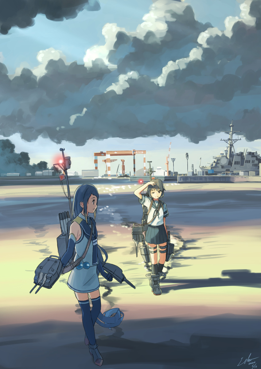 2girls absurdres bangs blue_hair blue_sailor_collar blue_skirt brown_hair closed_mouth dated elbow_gloves gloves highres kantai_collection kneehighs long_hair miyuki_(kantai_collection) multiple_girls ocean outdoors rigging sailor_collar samidare_(kantai_collection) school_uniform serafuku shadow short_hair short_sleeves signature skirt sky sleeveless thigh-highs utachy water white_skirt