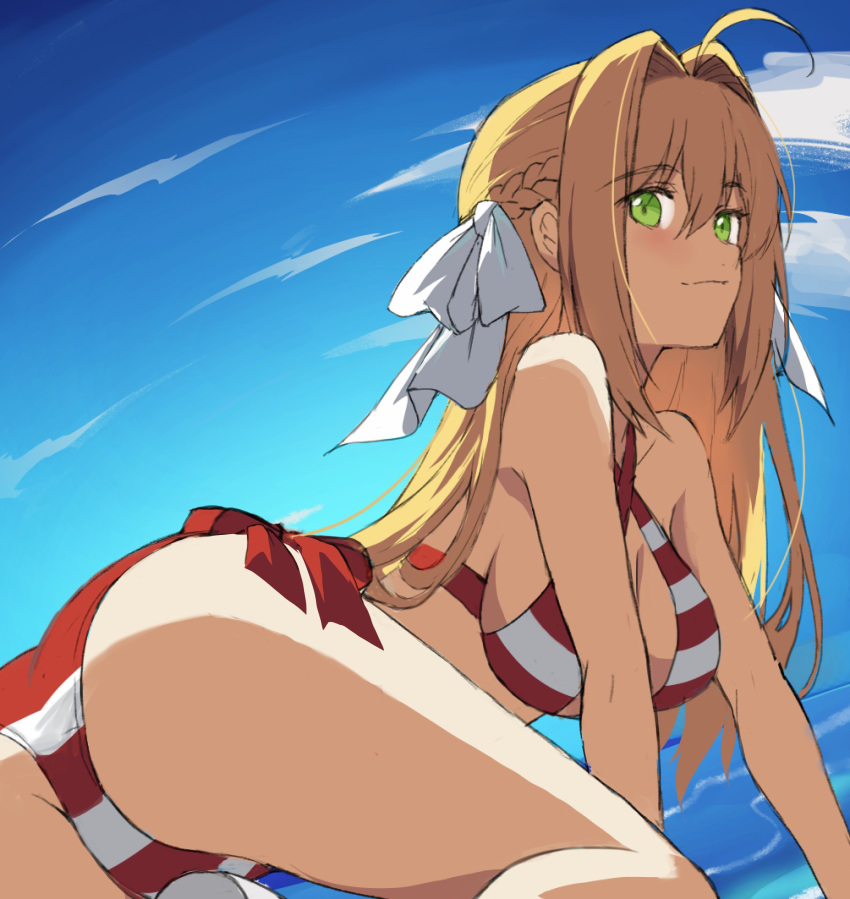 1girl ahoge all_fours ass bikini blonde_hair braid breasts clouds dutch_angle eyebrows_visible_through_hair fate/grand_order fate_(series) green_eyes hair_ribbon halter_top halterneck highres large_breasts nero_claudius_(fate)_(all) nero_claudius_(swimsuit_caster)_(fate) ribbon sky solo striped striped_bikini swimsuit tonee