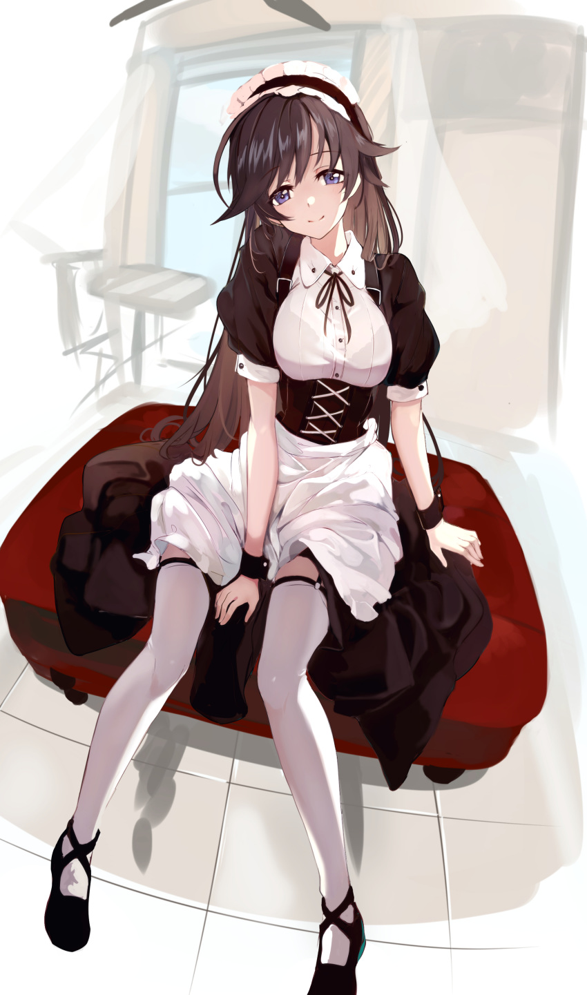 1girl absurdres alternate_costume apron bangs between_legs black_dress black_footwear black_hairband black_ribbon breasts brown_hair chair closed_mouth collared_shirt commentary_request dress enmaided eyebrows_visible_through_hair frilled_hairband frills full_body garter_straps girls_und_panzer hair_between_eyes hairband hand_between_legs head_tilt highres homo_1121 isuzu_hana long_hair looking_at_viewer maid medium_breasts neck_ribbon puffy_short_sleeves puffy_sleeves ribbon shirt shoes short_sleeves sitting smile solo thigh-highs underbust unfinished_background very_long_hair violet_eyes waist_apron white_apron white_legwear white_shirt wrist_cuffs