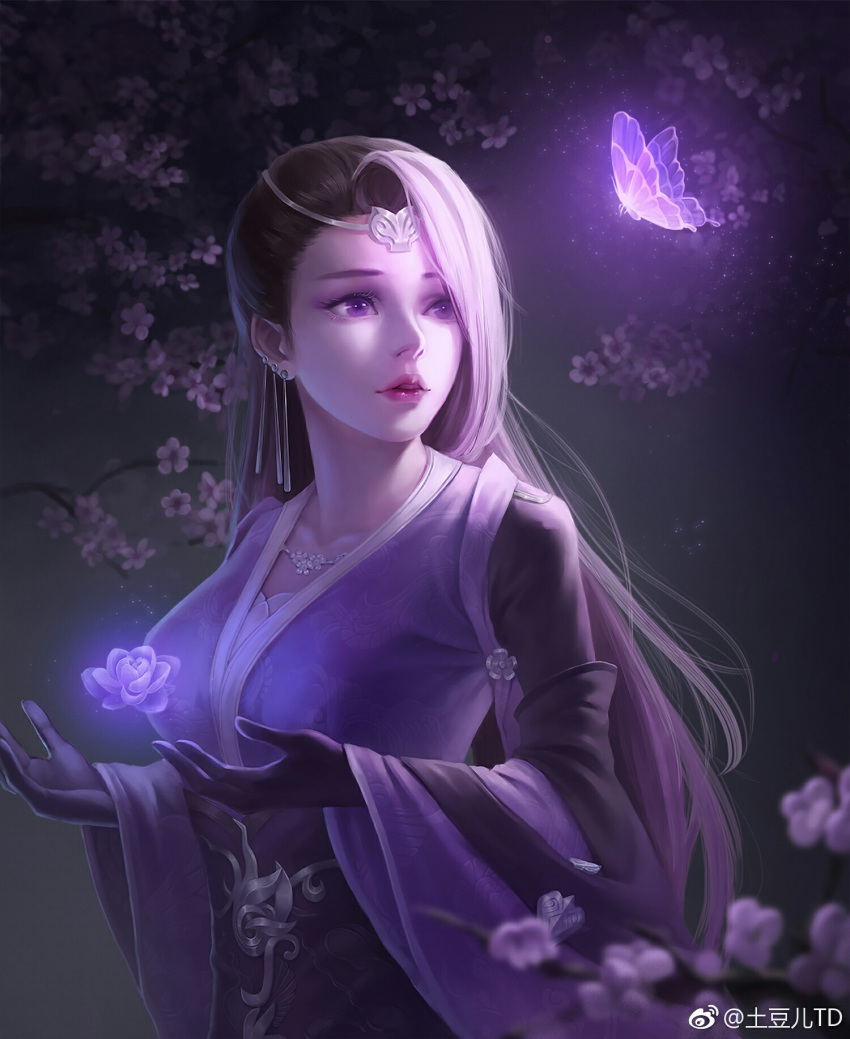 1girl breasts bug butterfly earrings flower glowing_butterfly grey_background highres insect jewelry jian_xia_qing_yuan_online_3 long_sleeves medium_breasts outdoors parted_lips purple_butterfly solo standing tiara tudou_td upper_body violet_eyes watermark wide_sleeves