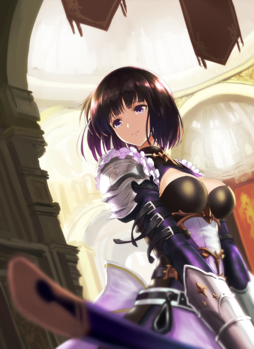 1girl absurdres aiu_eo arm_belt armor bad_id bad_pixiv_id bangs belt black_armor black_hair blunt_bangs blush bob_cut breasts cleavage_cutout closed_mouth commentary_request dress erika_(shadowverse) eyebrows_visible_through_hair frills gauntlets gloves highres holding holding_sword holding_weapon indoors jewelry juliet_sleeves letterboxed long_sleeves looking_away medium_breasts pendant pink_lips puffy_sleeves purple_dress revision scabbard shadowverse sheath sheathed short_hair shoulder_armor skirt smile solo spaulders standing sword upper_body violet_eyes weapon