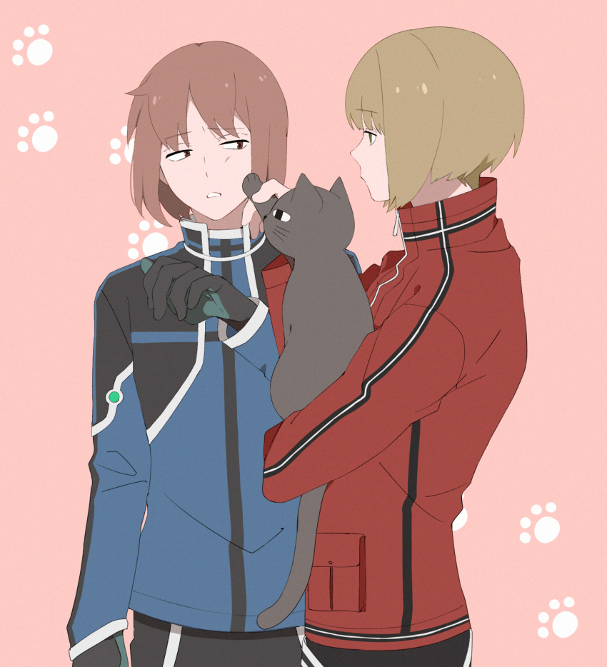 2boys animal arm_at_side bangs black_cat black_gloves blonde_hair bob_cut brown_hair cat cheek_poking gloves high_collar highres holding holding_animal jacket kikuchihara_shirou long_sleeves looking_at_another male_focus multiple_boys parted_lips paw_print pocket poking profile red_background red_jacket short_hair sideways_glance simple_background tokieda_mitsuru uniform world_trigger yawai_tofu zipper