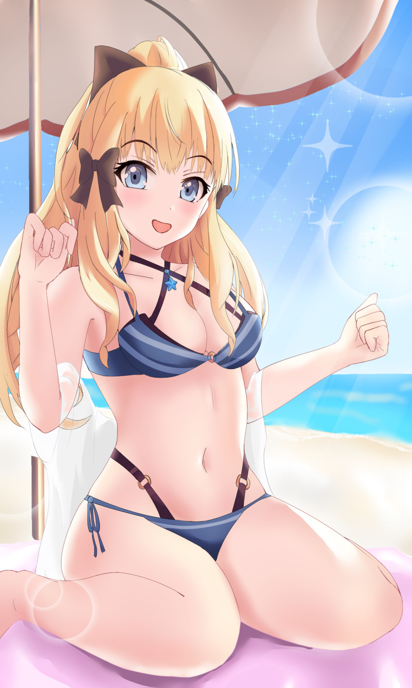 1girl bangs bikini black_bow blonde_hair blue_eyes blush bow breasts elf eyebrows_visible_through_hair flower hair_bow hair_flower hair_ornament highres large_breasts long_hair pointy_ears ponytail princess_connect! princess_connect!_re:dive rei_(xgjg4753) saren_(princess_connect!) solo swimsuit