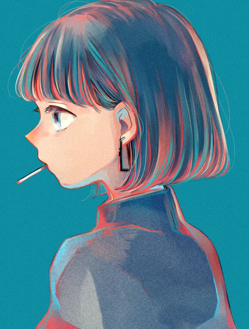 1girl absurdres aqua_background bangs blue_eyes blunt_bangs bob_cut brown_hair cigarette commentary earrings eyelashes hair_behind_ear highres jewelry looking_away mouth_hold original portrait profile richard_(ri39p) simple_background smoking solo