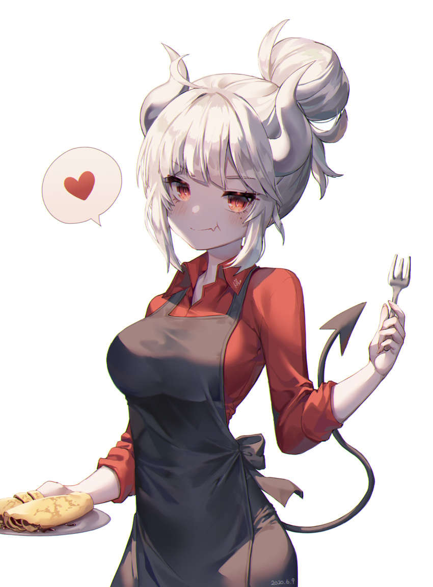 1girl albinoraccoon apron bangs black_apron blunt_bangs blush breasts closed_mouth commentary cowboy_shot dated demon_girl demon_horns demon_tail eyebrows_visible_through_hair fang food grey_hair hair_bun heart helltaker highres holding holding_plate horns large_breasts long_hair long_sleeves looking_at_viewer lucifer_(helltaker) mole mole_under_eye plate red_eyes red_shirt shirt short_hair sidelocks simple_background skin_fang sleeves_rolled_up smile solo spoken_heart tail white_background white_hair white_horns